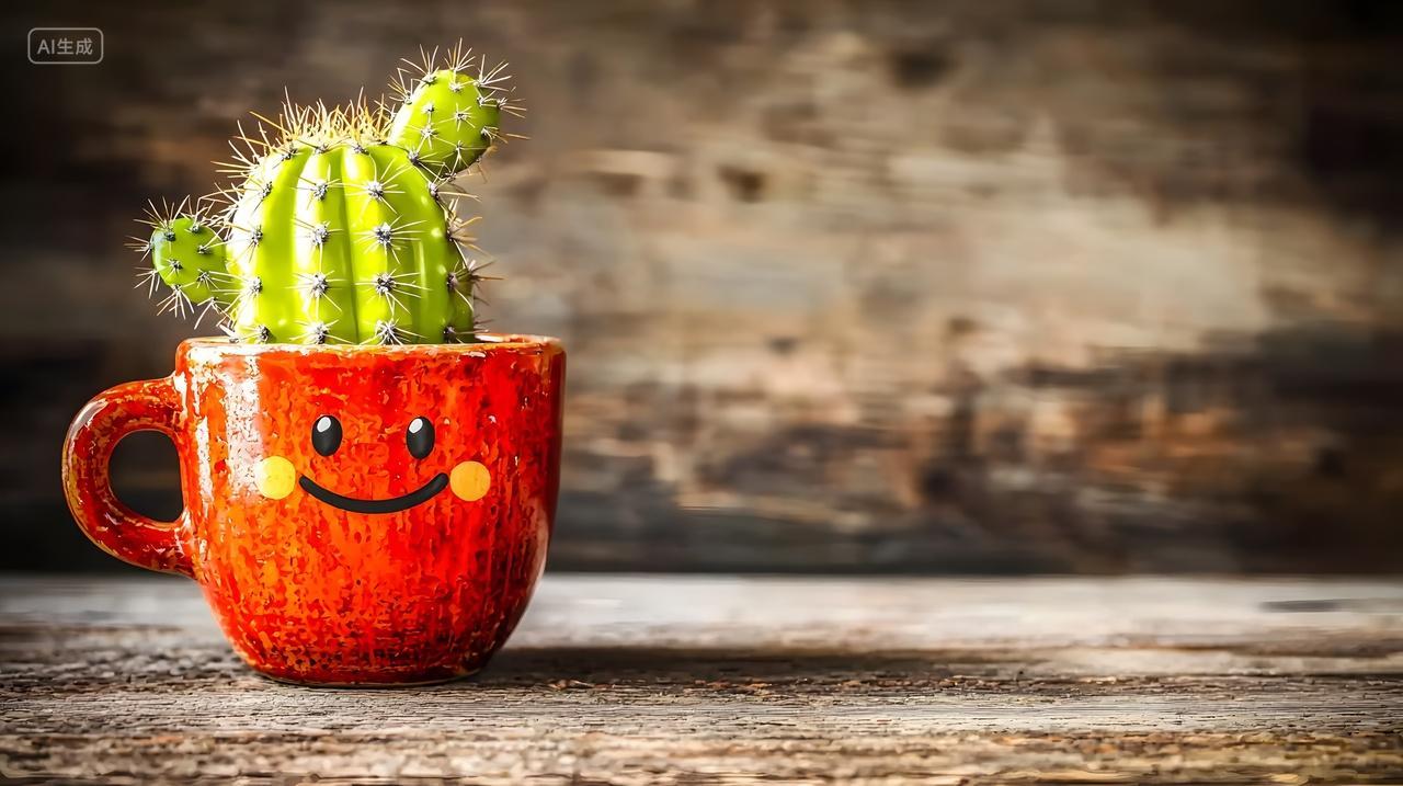 木桌上微笑杯子里放着可爱仙人掌