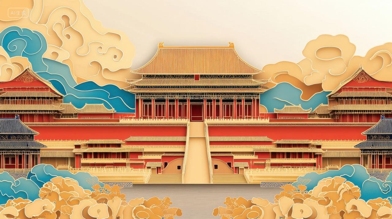 剪纸插画中国风奢华宫殿城堡