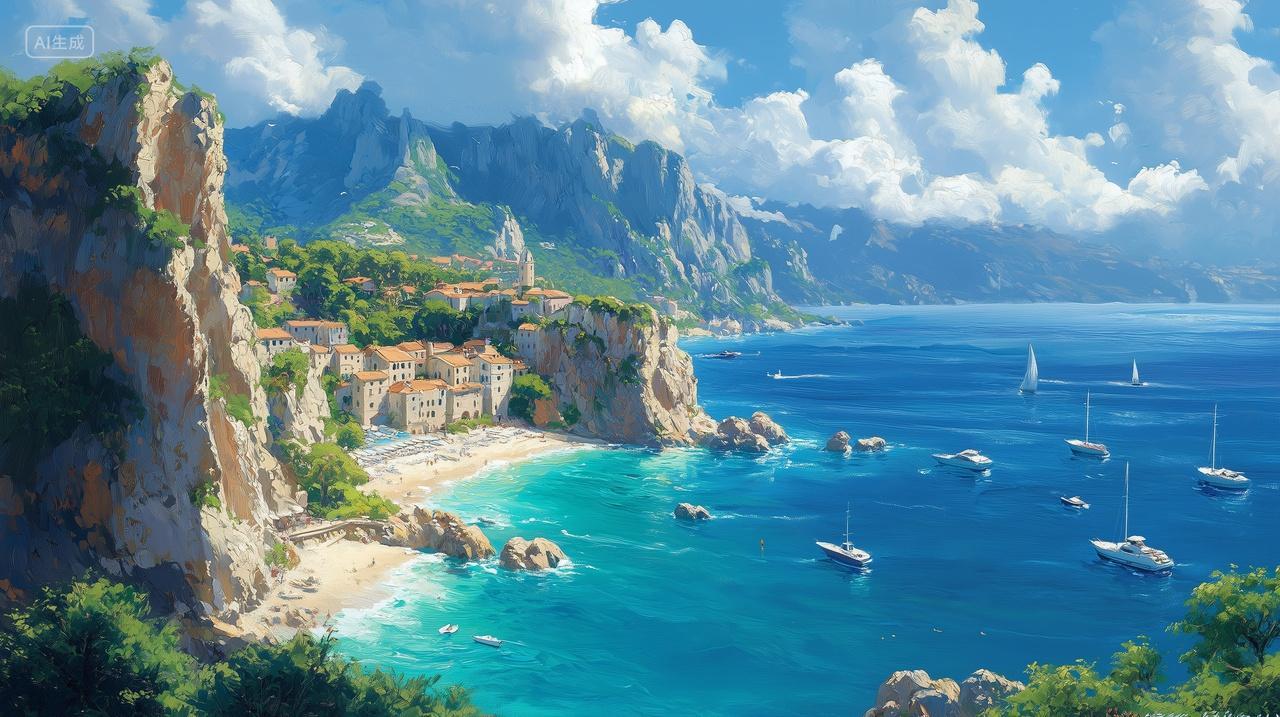 海边风景蓝天白云帆船山岭电脑壁纸商用旅游