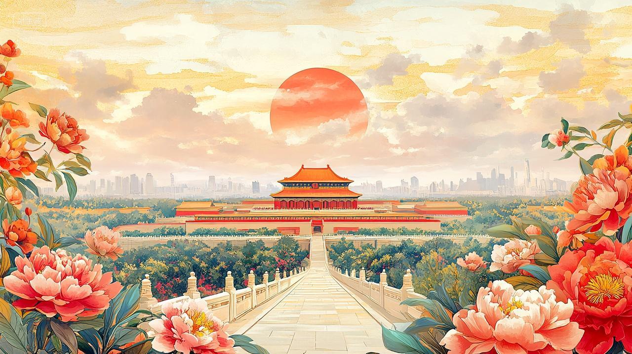 夕阳西下故宫花开庆祝祖国母亲国庆节快乐