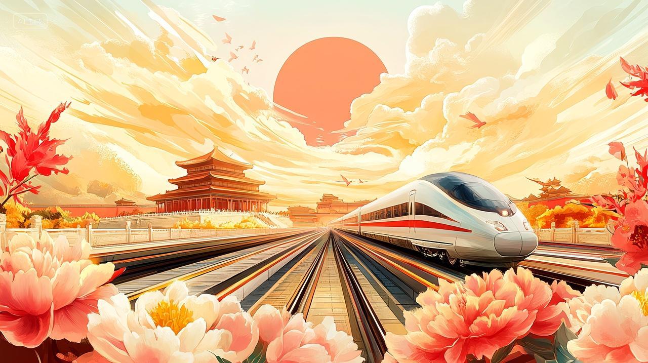 夕阳西下故宫花开高铁飞驰庆祝祖国母亲国庆节快乐