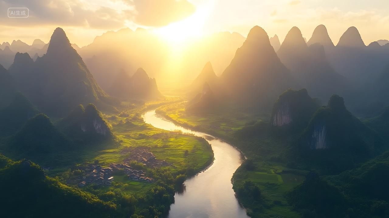 夕阳下蜿蜒河流群山风景桂林山水壁纸