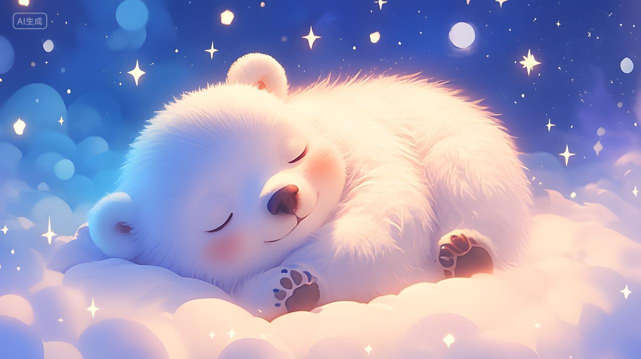 睡梦中的可爱北极熊在星空下的温暖云朵上插画