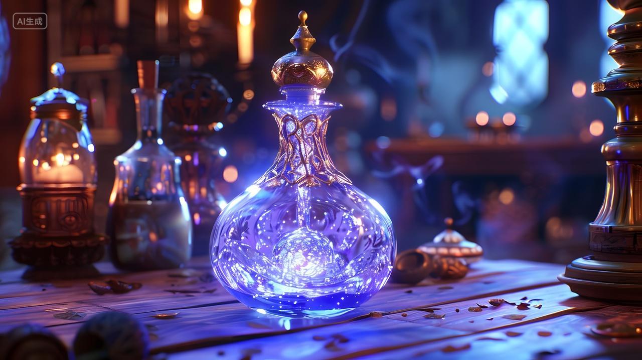 魔法实验室中的蓝色水晶药瓶背景