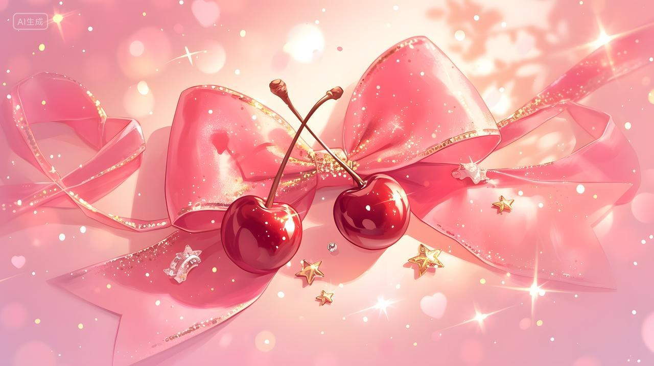 粉色蝴蝶结与樱桃的梦幻甜美风格壁纸
