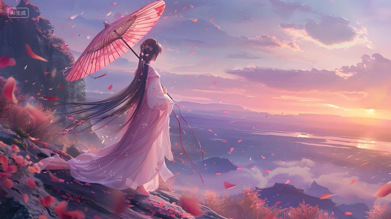 唯美夕阳山顶人物手持纸伞浪漫风景图