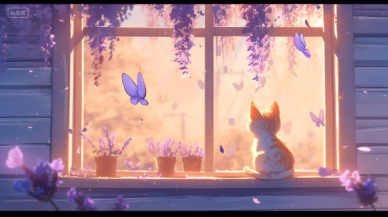 窗前猫咪与蝴蝶的梦幻夕阳景象卡通插画