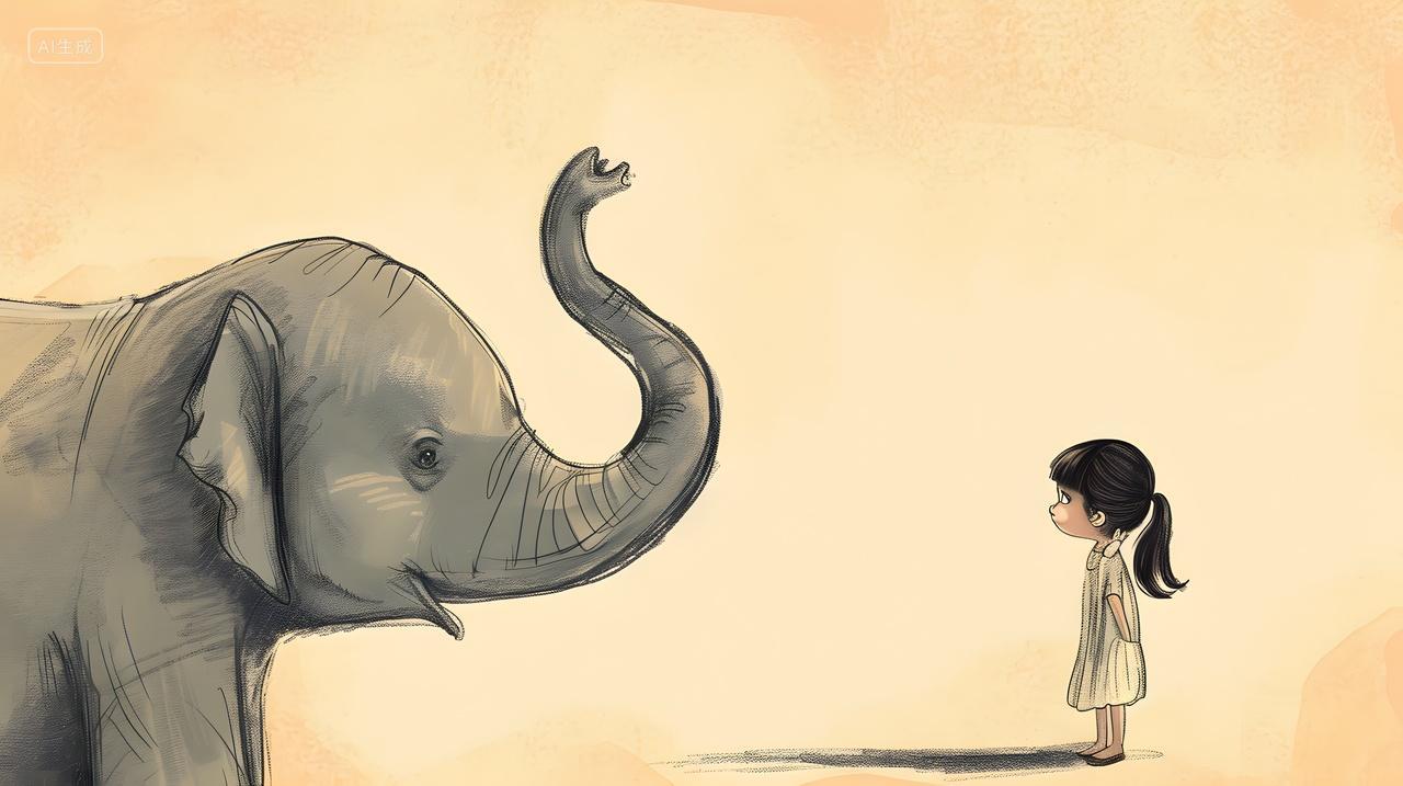 小女孩与大象的温馨对视插画