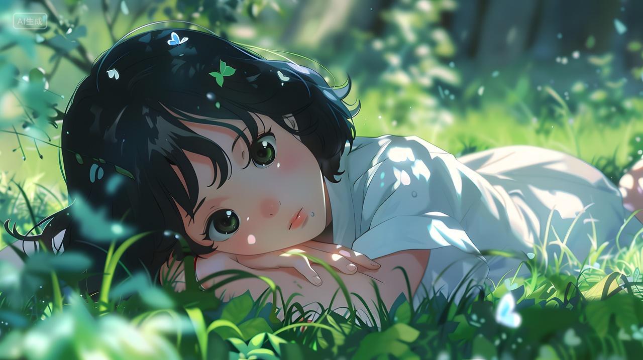 清新自然草地上躺着的小女孩宁静插画图