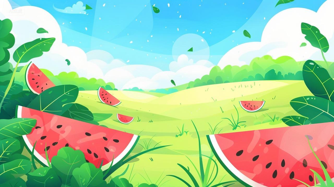 香甜可口红色大西瓜在草地上夏季夏至立夏大暑小暑处暑夏天插画