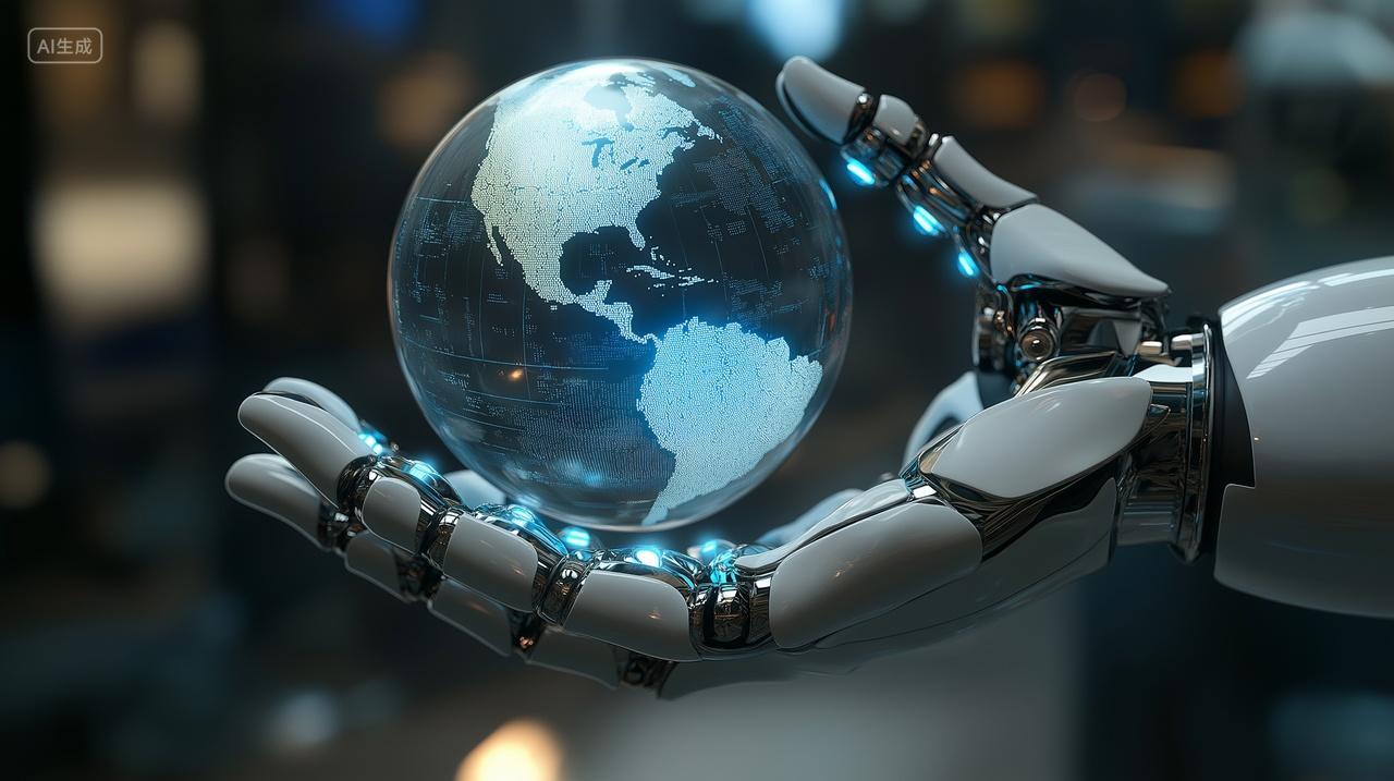 AI智能机器人手托地球模型未来科技背景