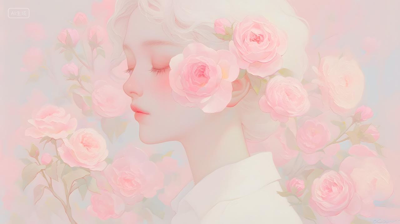 梦幻粉色玫瑰花与女性面庞的唯美插画