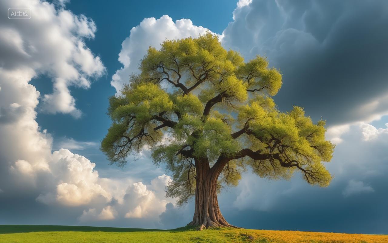 白云下草地上一棵树风景