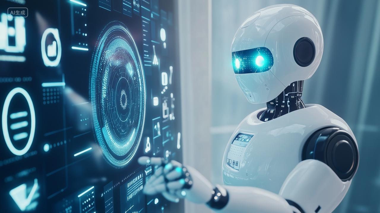 AI人工智能机器人手指触摸虚拟屏未来科技