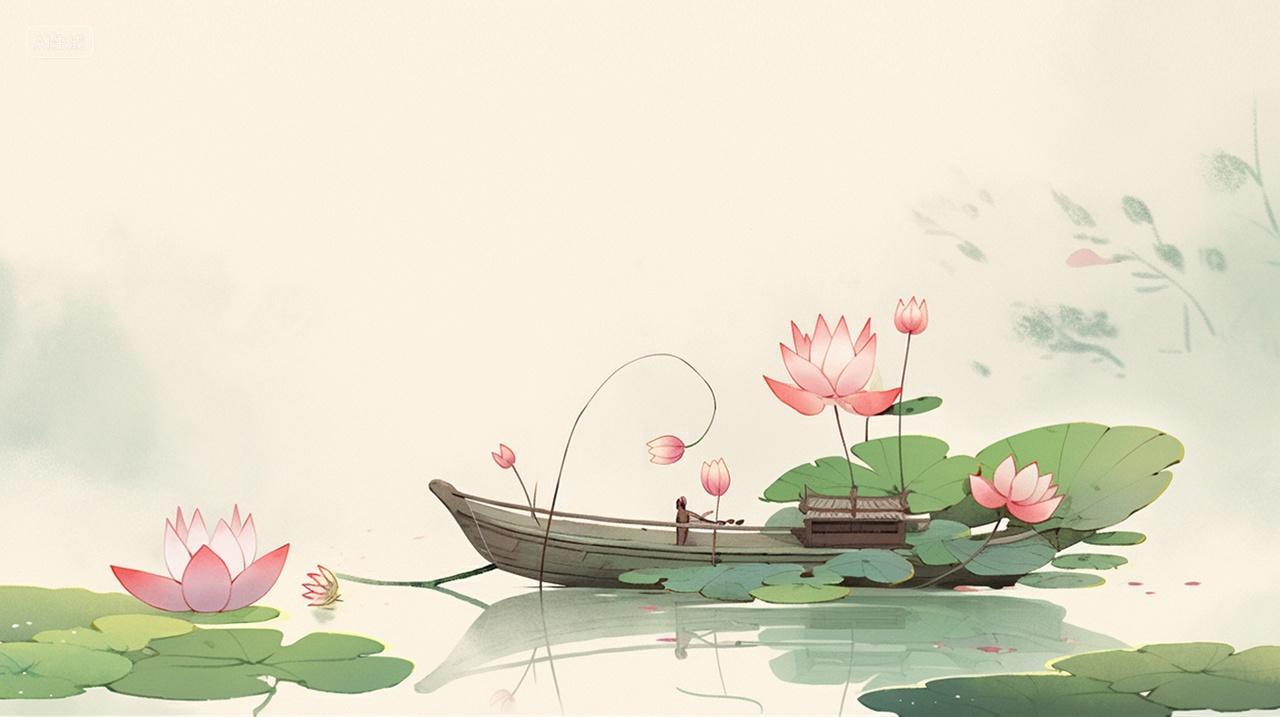 古风荷花池小船处暑小暑大暑背景古风国风浪漫宁静插画