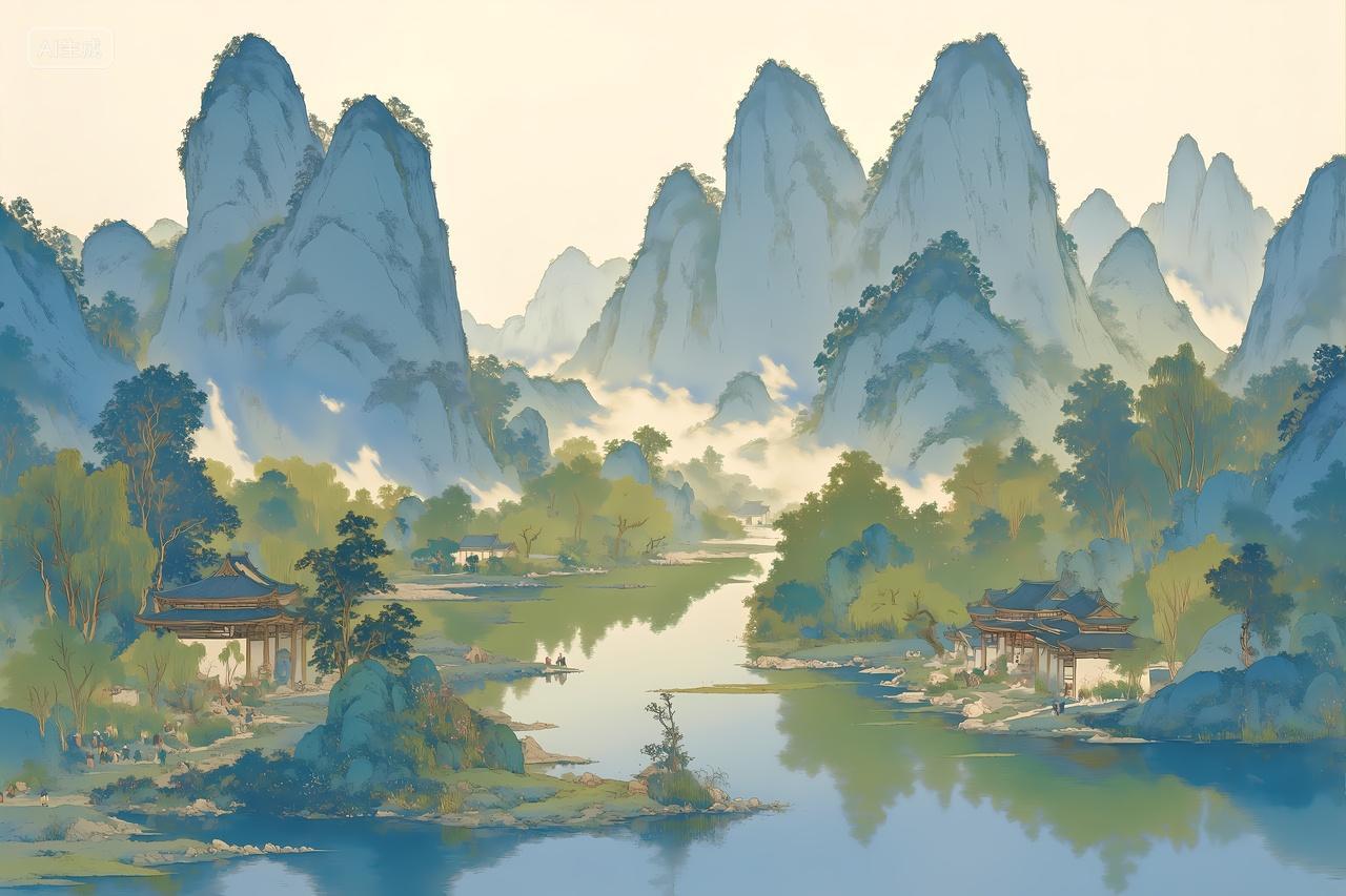 中国风国画山水画盛夏高山湖泊树林云雾缭绕青山绿水