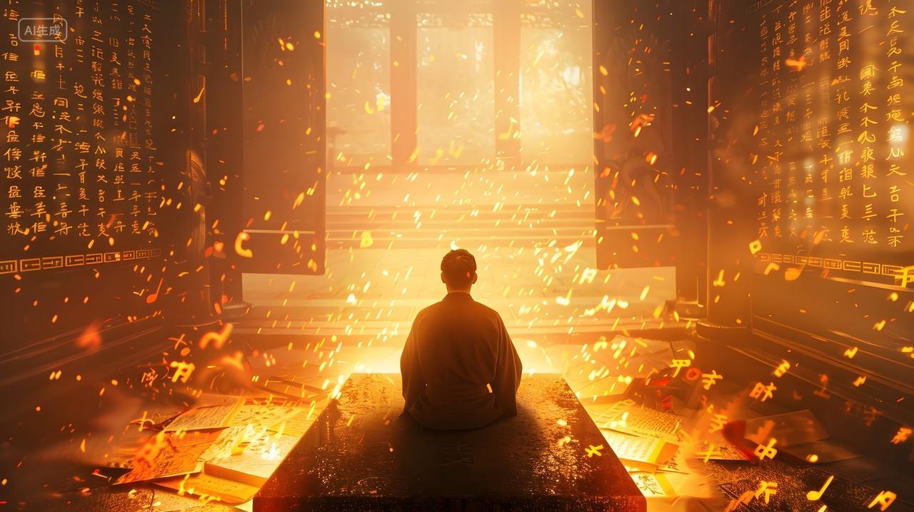 金色庙宇背影人物宁静冥想图