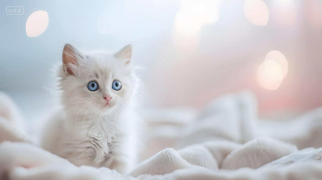 蓝眼睛白猫在温馨背景下动物宠物