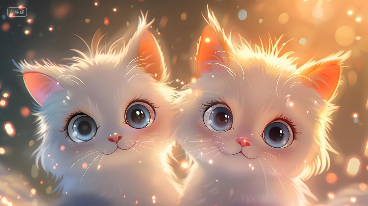 梦幻灯光下的两只可爱小猫动物宠物