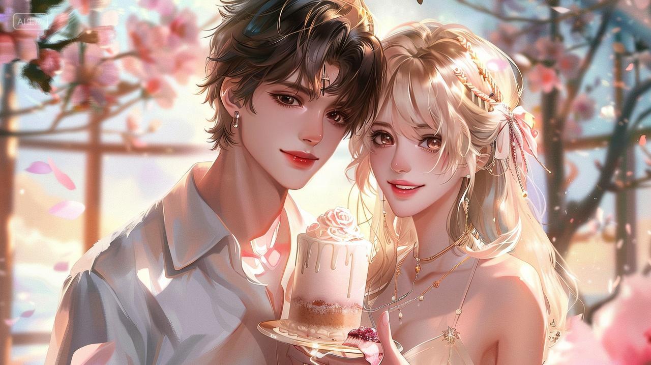 浪漫卡通七夕情侣双手捧着蛋糕诉说着美丽爱情小说封面 言情小说