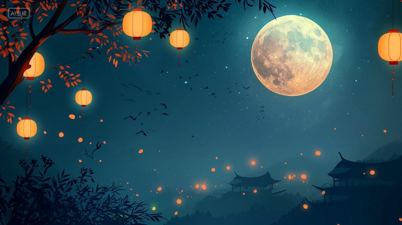 中秋夜晚月亮灯笼中秋节秋分立秋团圆国风七夕元旦2025浪漫素材温馨浪漫背景