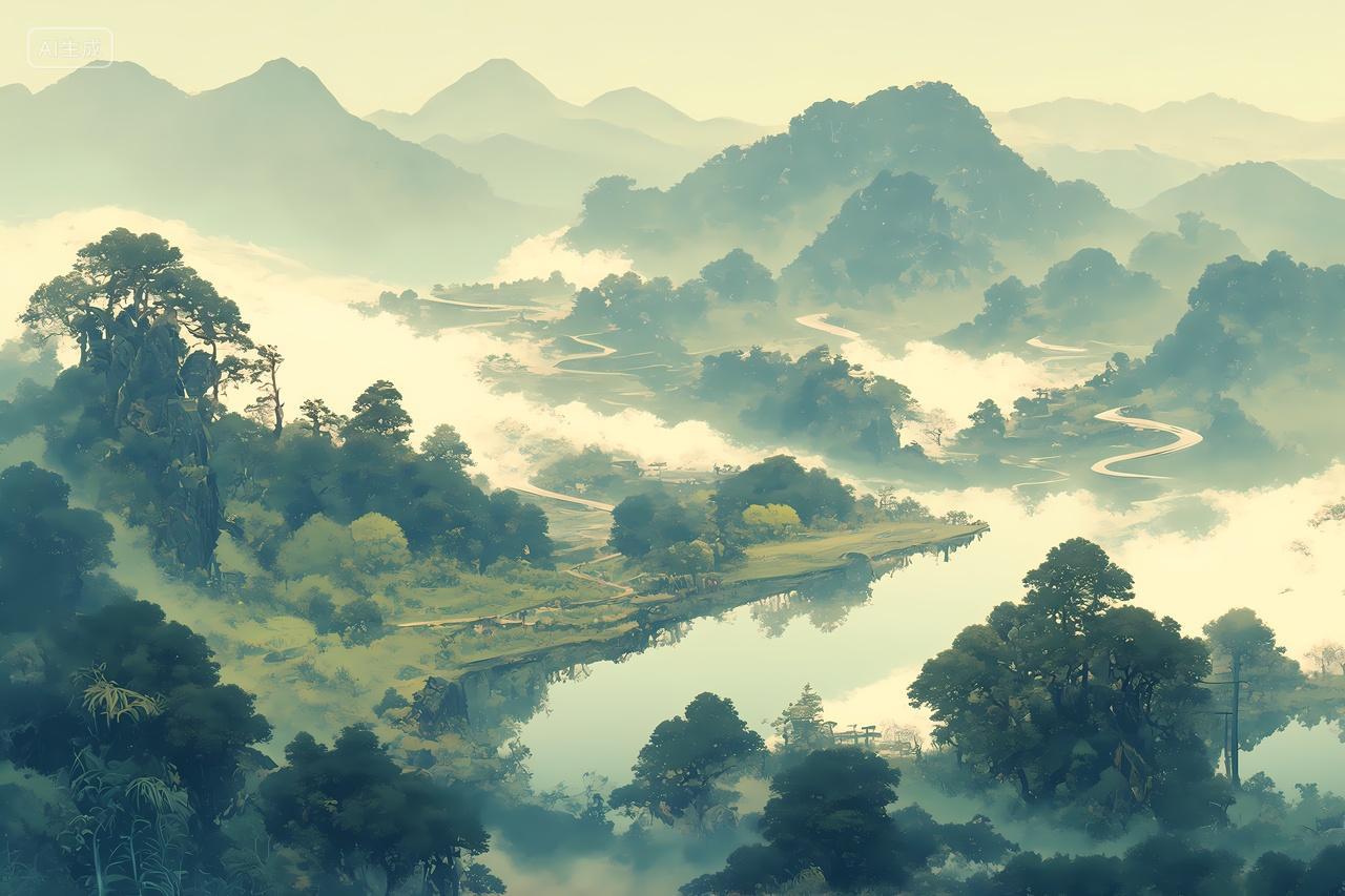 中国风国画山水画盛夏高山湖泊树林云雾缭绕