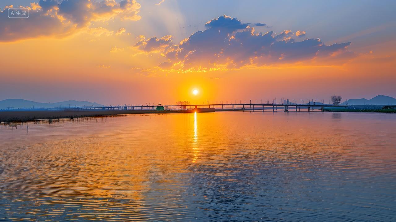 湖面上的日出与彩云景色壁纸
