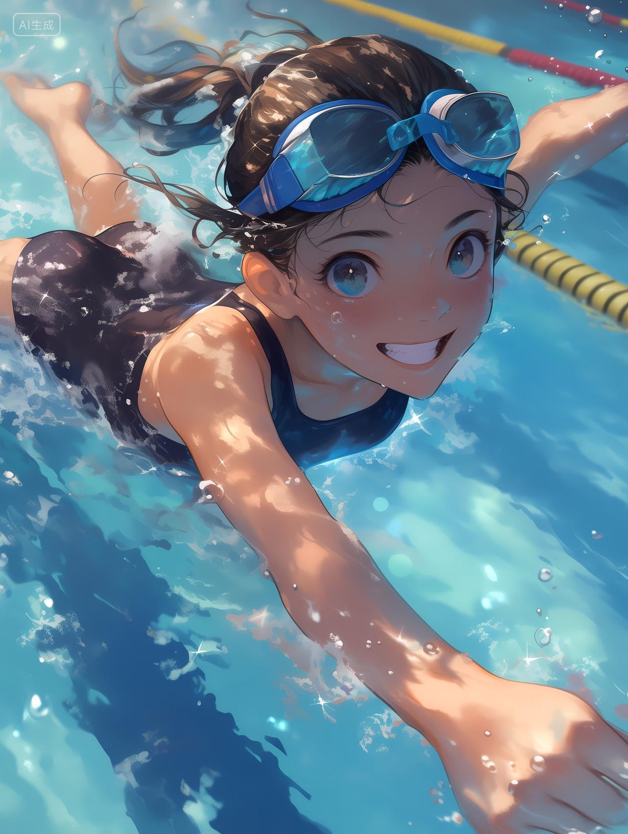 女孩游泳泳池赛道泳镜笑冲刺