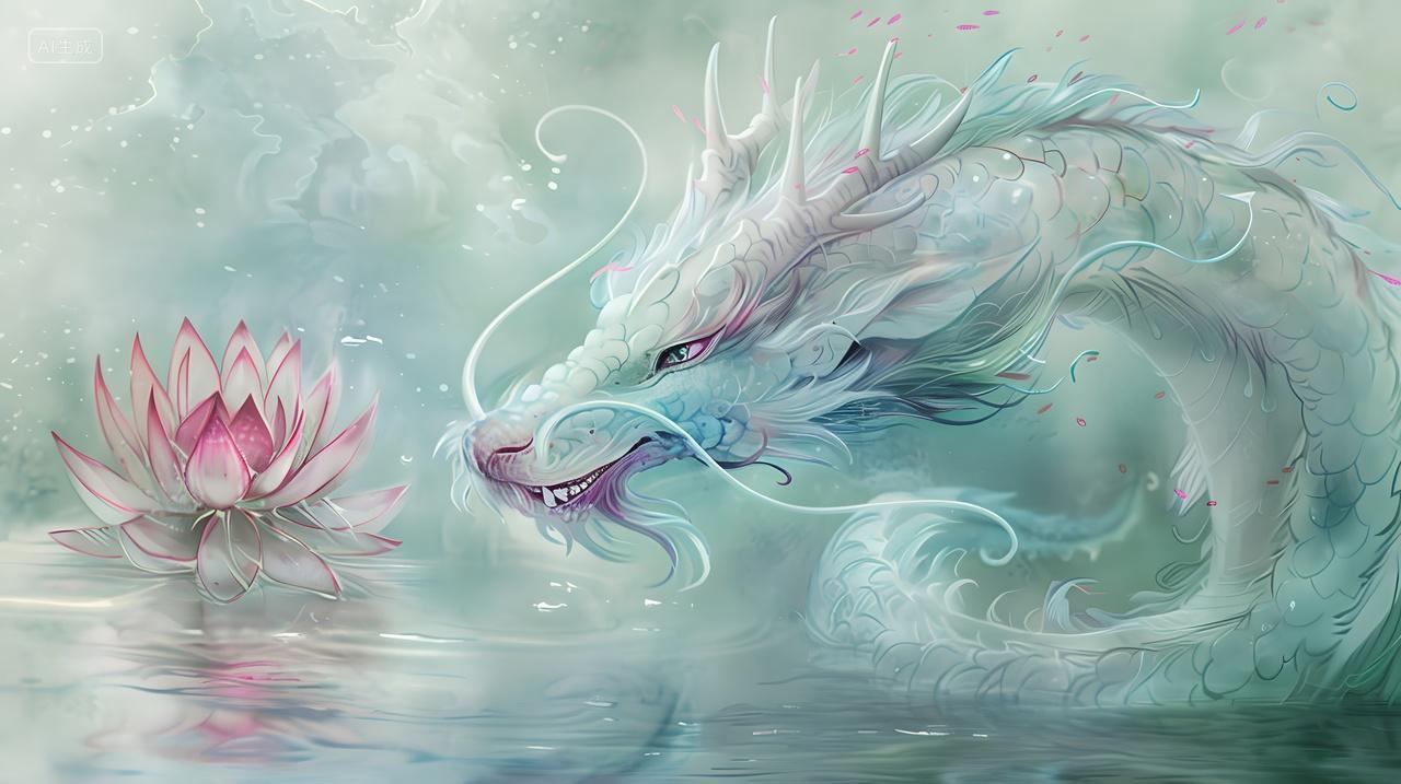 水龙与莲花在梦幻云雾中插画