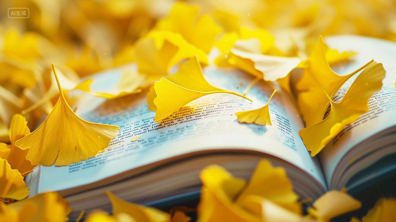 翻开的书本上落下银杏叶秋天来了