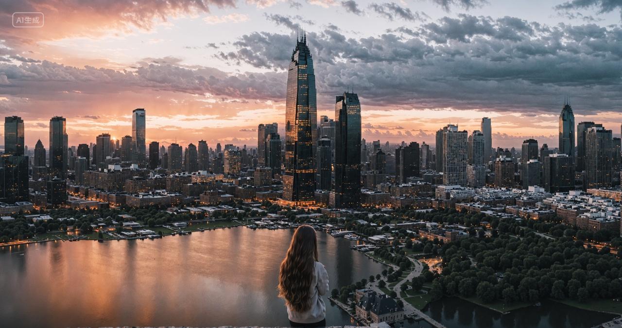 夕阳城市建筑女孩背影