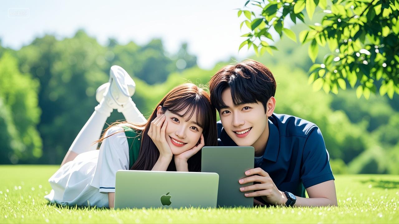 大学生情侣趴在草地上看电脑学习七夕情人节520