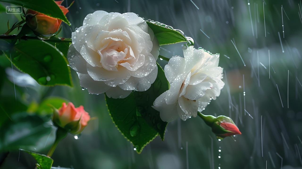 雨中白色玫瑰花风景壁纸