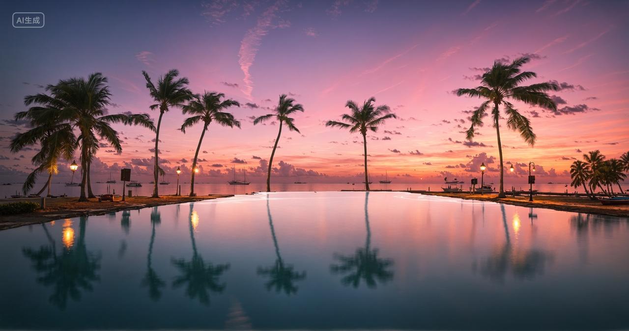 夕阳晚霞椰树泳池唯美自然风景壁纸