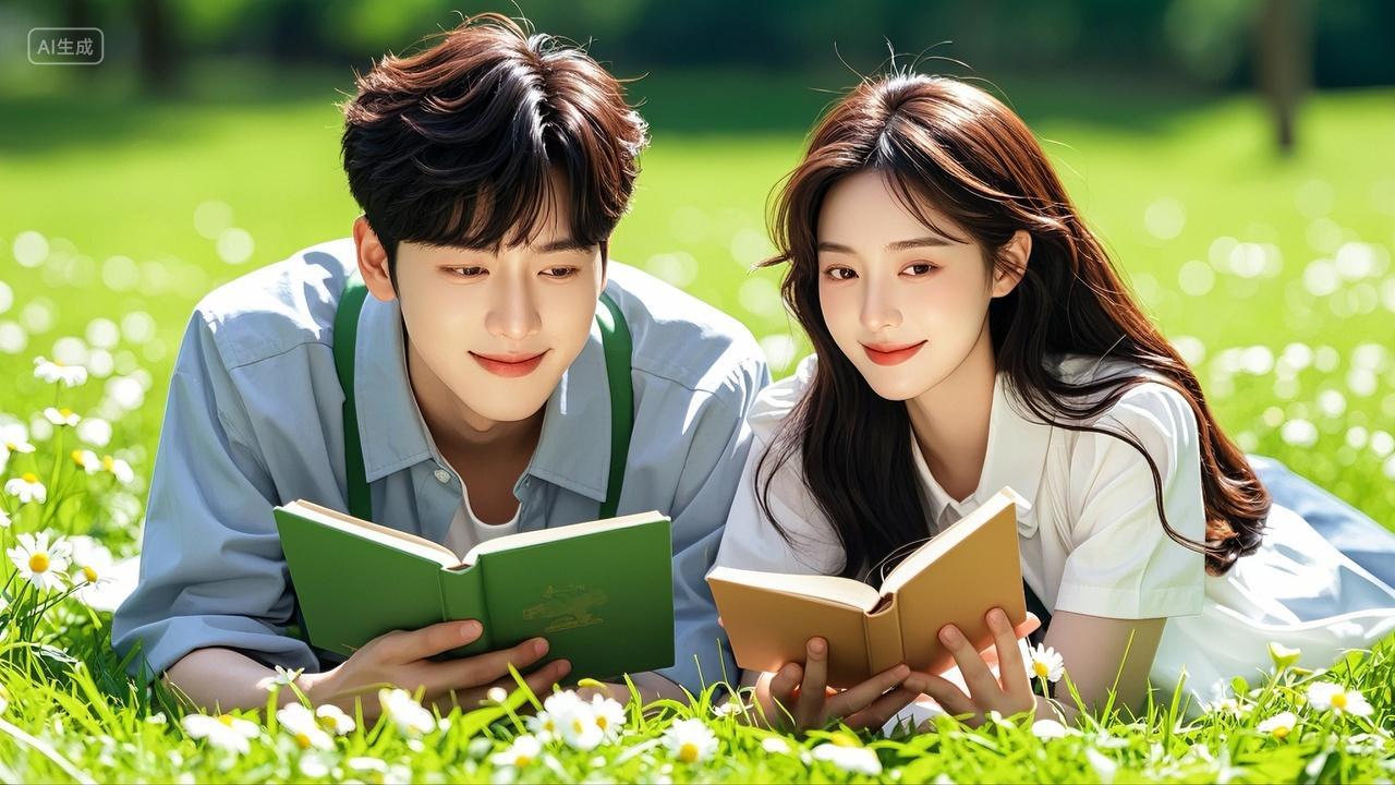 大学生情侣趴在草地上看书学习七夕情人节520