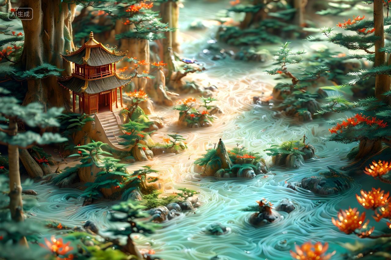 中国山水画国风亭子树林河水壁纸