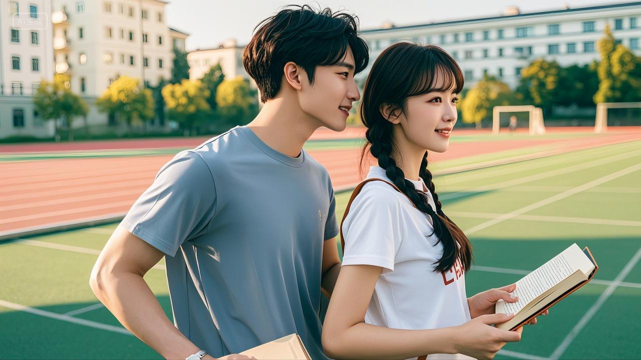 大学生情侣在学校操场看书学习七夕情人节520