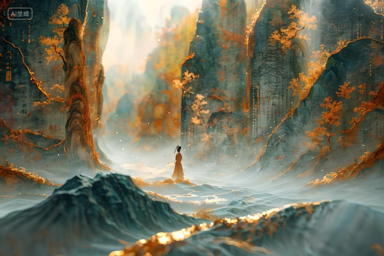 国画高山峻岭古代女子溪流树林壁纸