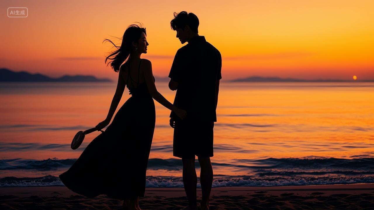 夕阳下海边沙滩上恩爱情侣七夕节情人节520