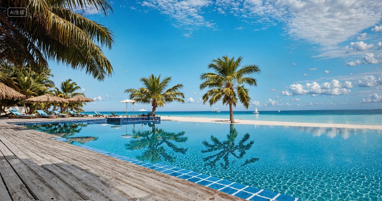 蓝天白云泳池椰树度假