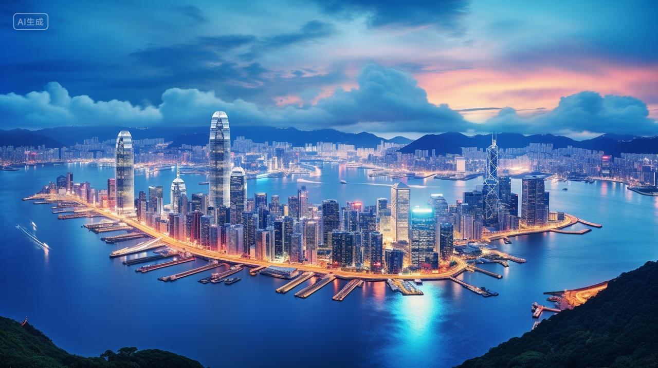 中国香港建筑城市夜景全景高楼大厦霓虹灯光旅游