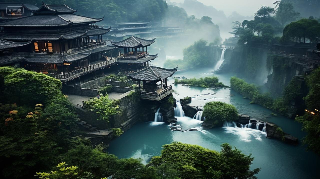 古典建筑楼阁塔楼依山傍水自然宁静