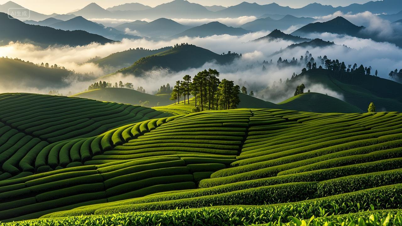 清晨阳光下的茶山茶园云雾蒸腾青翠欲滴风景