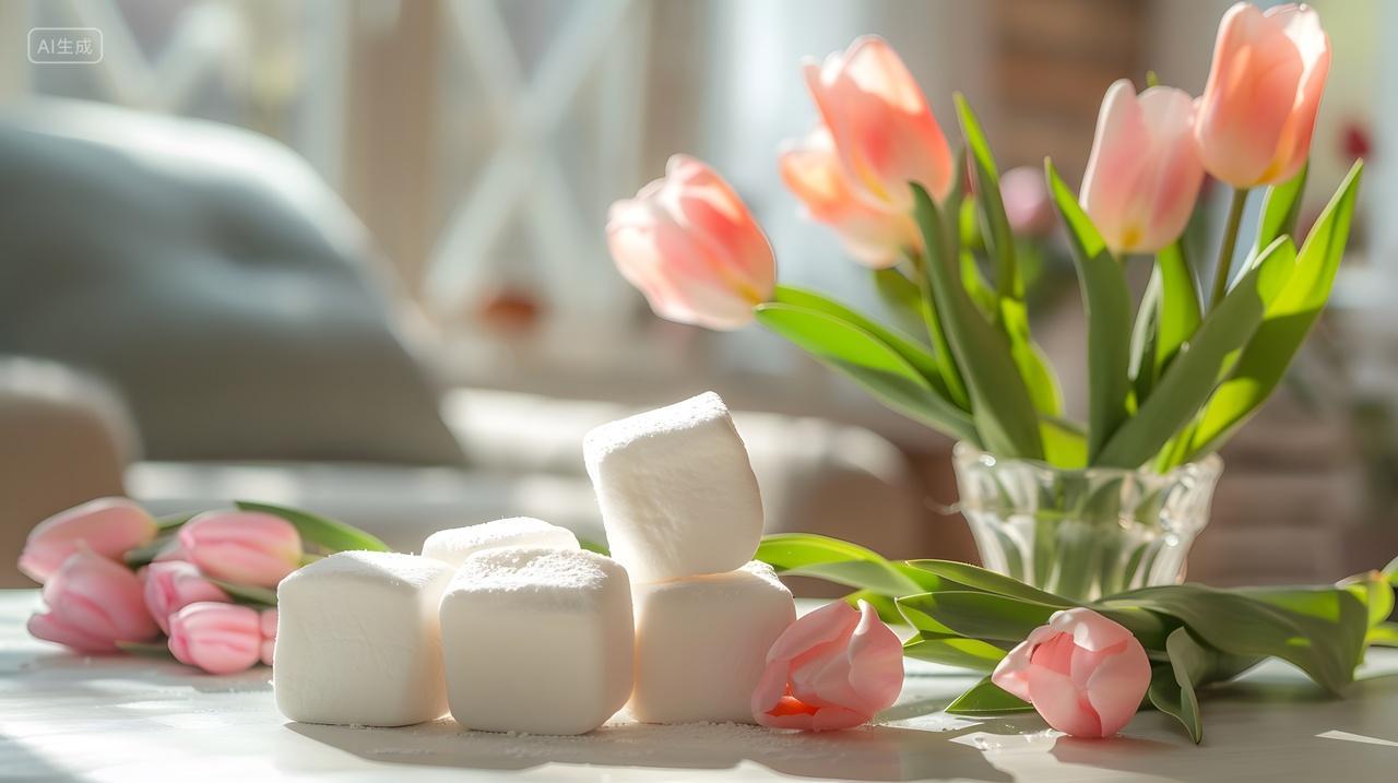 春季阳光下的粉色郁金香与棉花糖