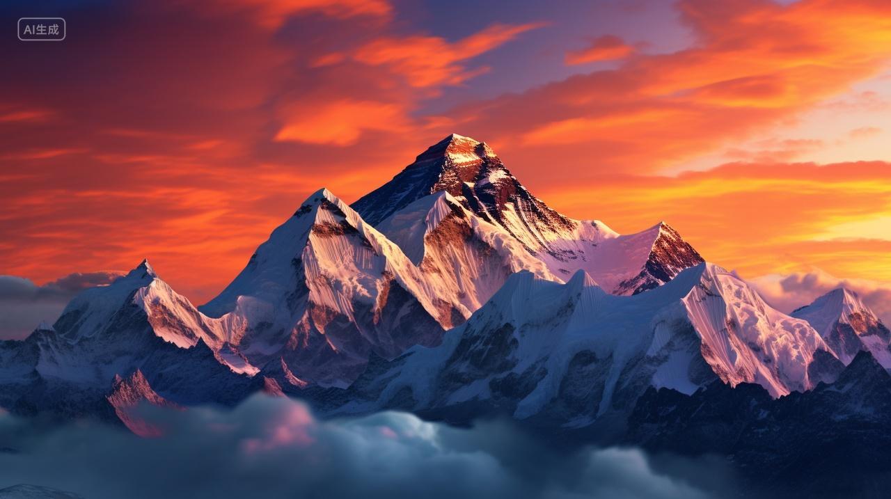 中国西藏珠穆朗玛峰全景日照金山夕阳雪景世界第一高峰旅游