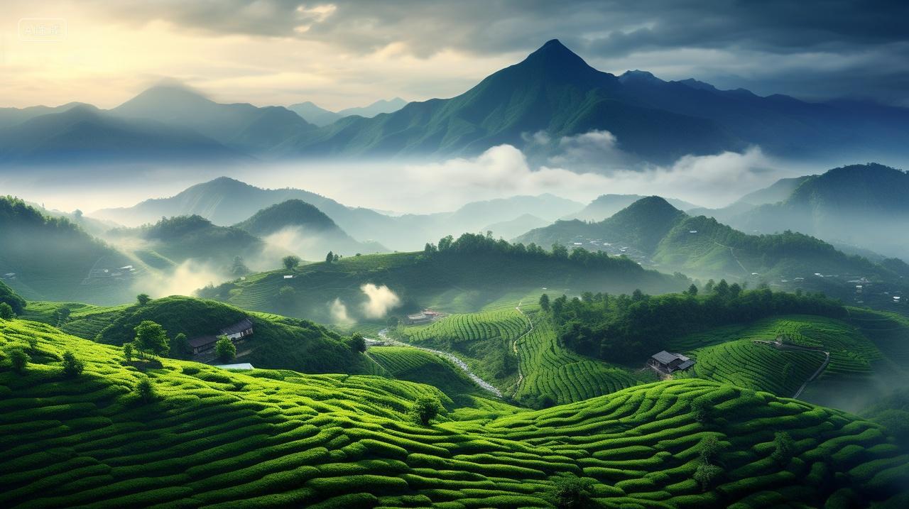 农业生态清晨下的茶山茶园茶叶青翠欲滴云雾