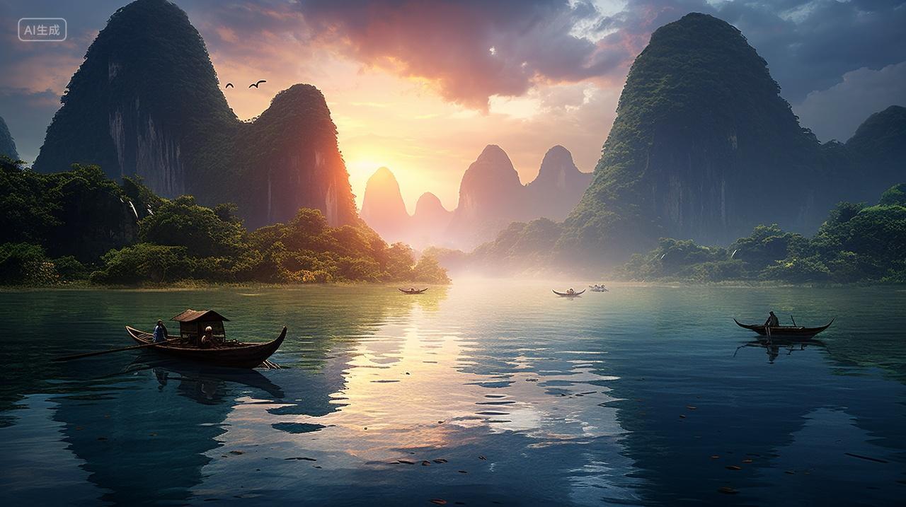 广西桂林山水夕阳下的桂林山水风景旅游景区景点