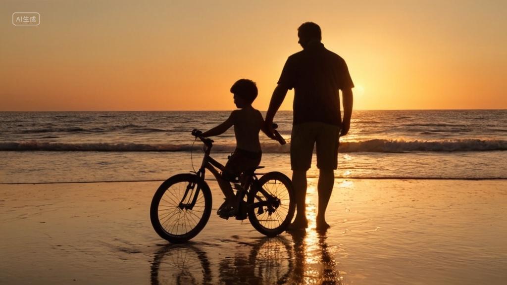 夕阳下父亲在海滩教孩子骑自行车父爱陪伴父亲节
