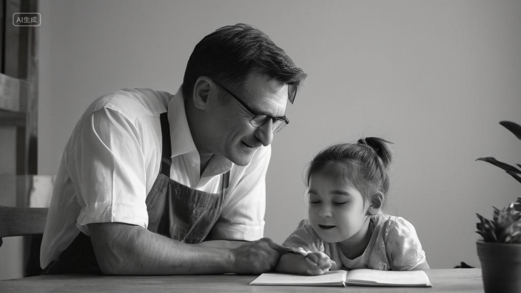 父亲辅导女儿学习父爱感恩黑白背景父亲节