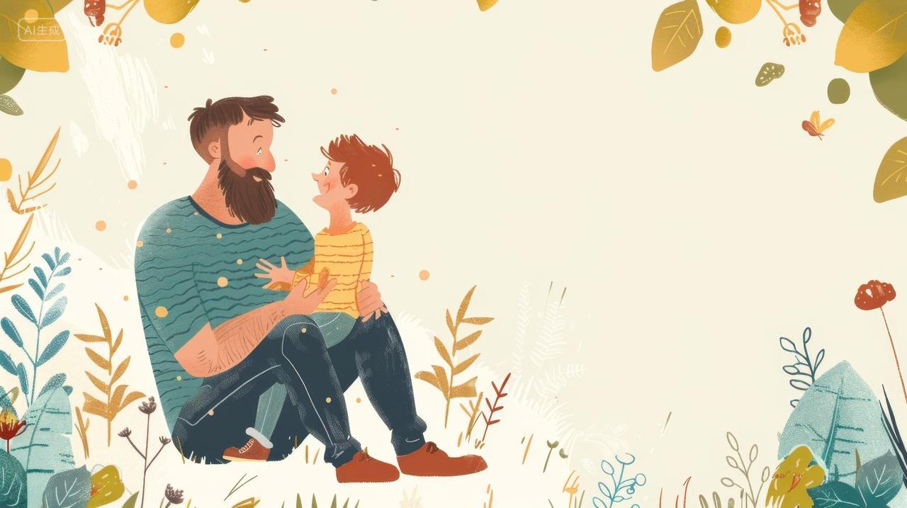 父亲节插画，抱着孩子坐着的爸爸